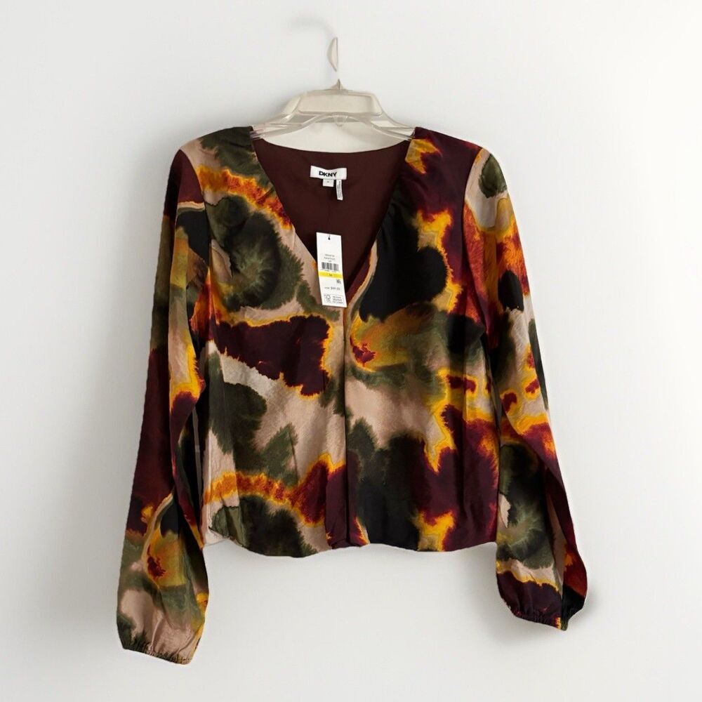 DKNY Pleated Long-sleeved Blouse V-neck Abstract, Multicolored Print Top Medium